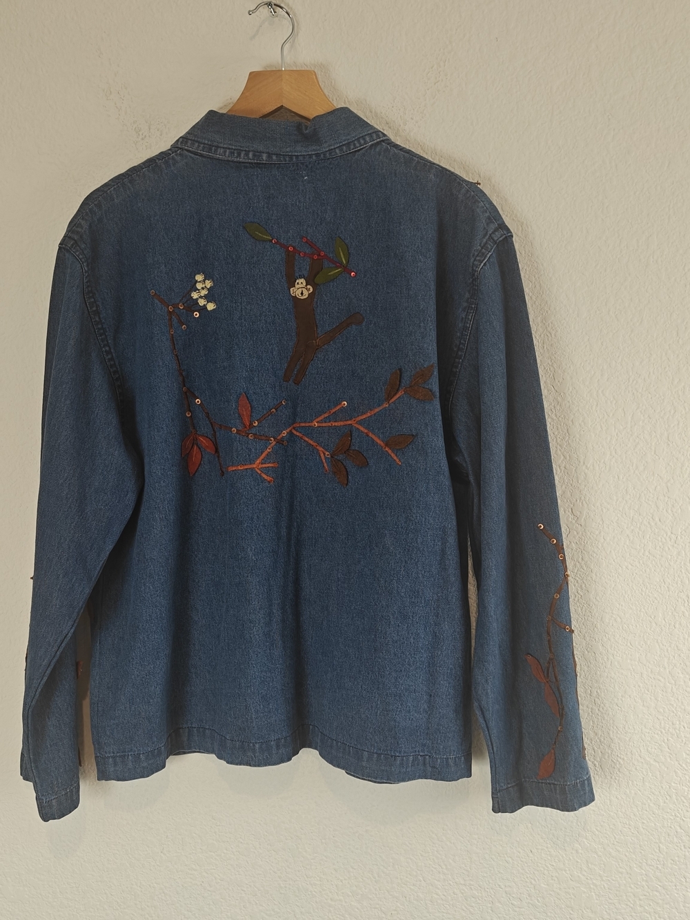VTG 90s Tantrums Monkey Embroidered Denim Button Up Beaded Sequin Tree Cotton M - Picture 11 of 14